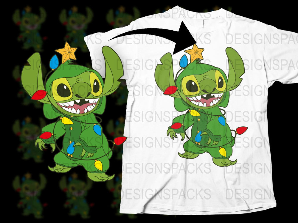 Stitch Christmas Lights Graphic T-Shirt, Cute Alien Holiday Tee, Festive Cartoon Character Shirt