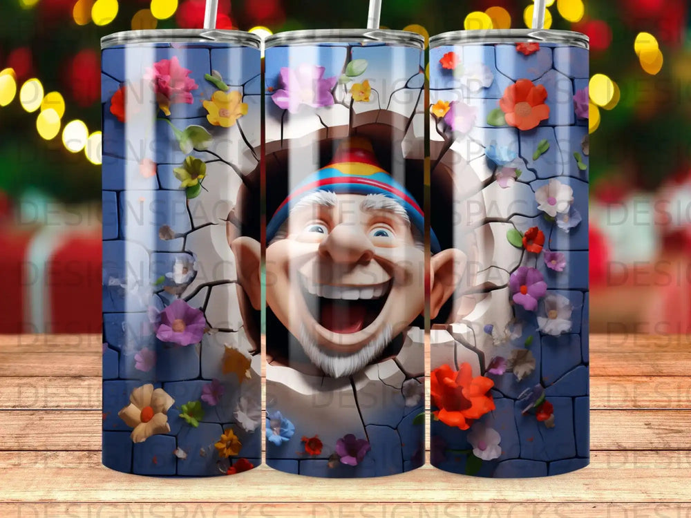 Cartoon elf breaking through brick wall with colorful flowers.