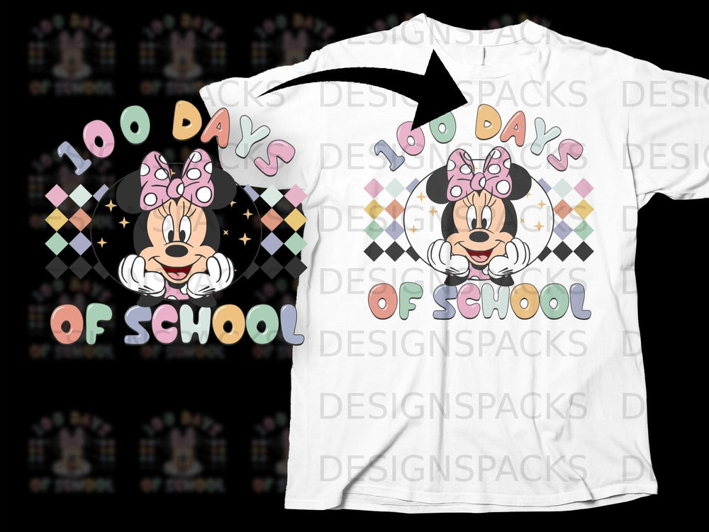 Minnie Mouse celebrates 100 days of school with colorful text and playful graphics.