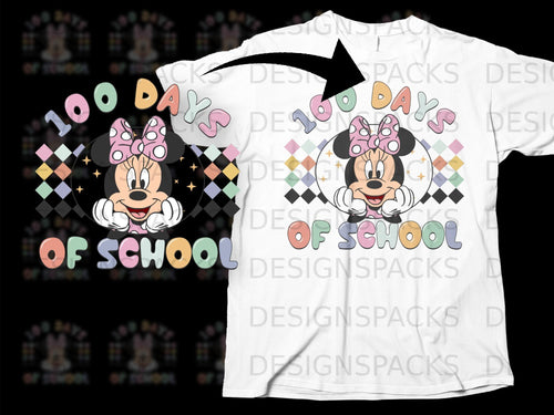 Minnie Mouse celebrates 100 days of school with colorful text and playful graphics.