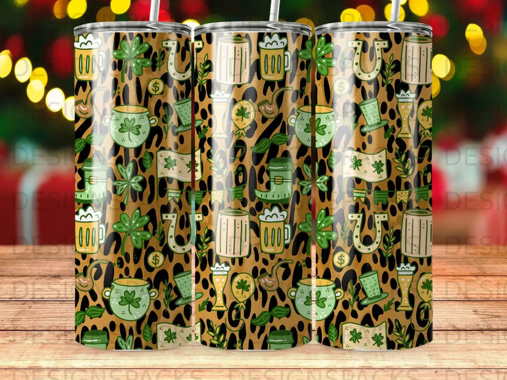 St. Patrick's Day tumbler with shamrocks, horseshoes, and lucky charms pattern.