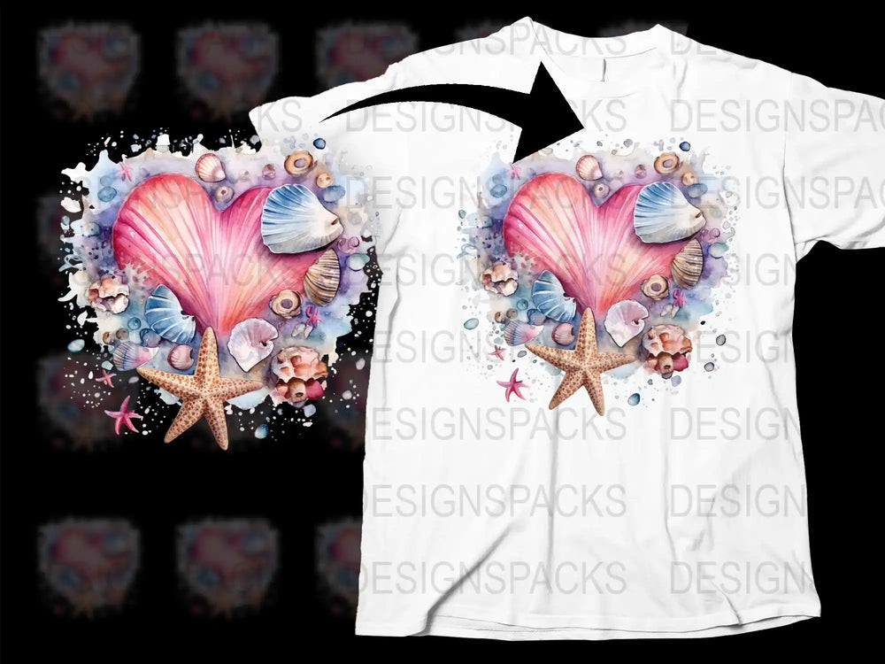 Watercolor Heart Shell Design T-Shirt, Ocean Theme Graphic Tee, Stylish Summer Beachwear, Unisex Casual Top
