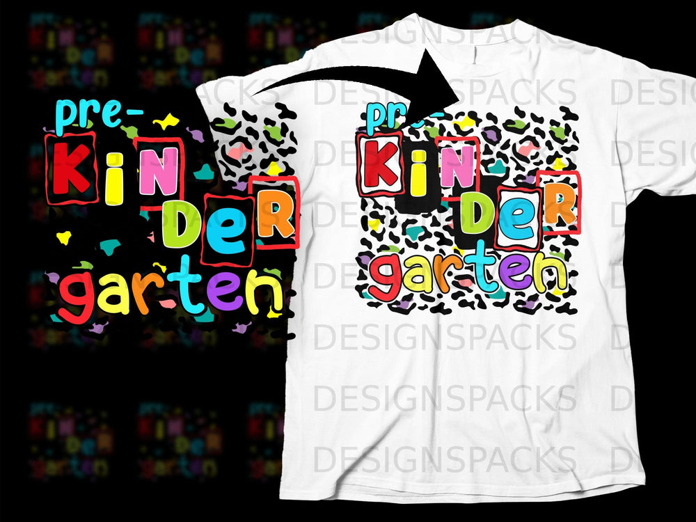 "Pre-Kindergarten" text design on a white t-shirt with leopard print accents.