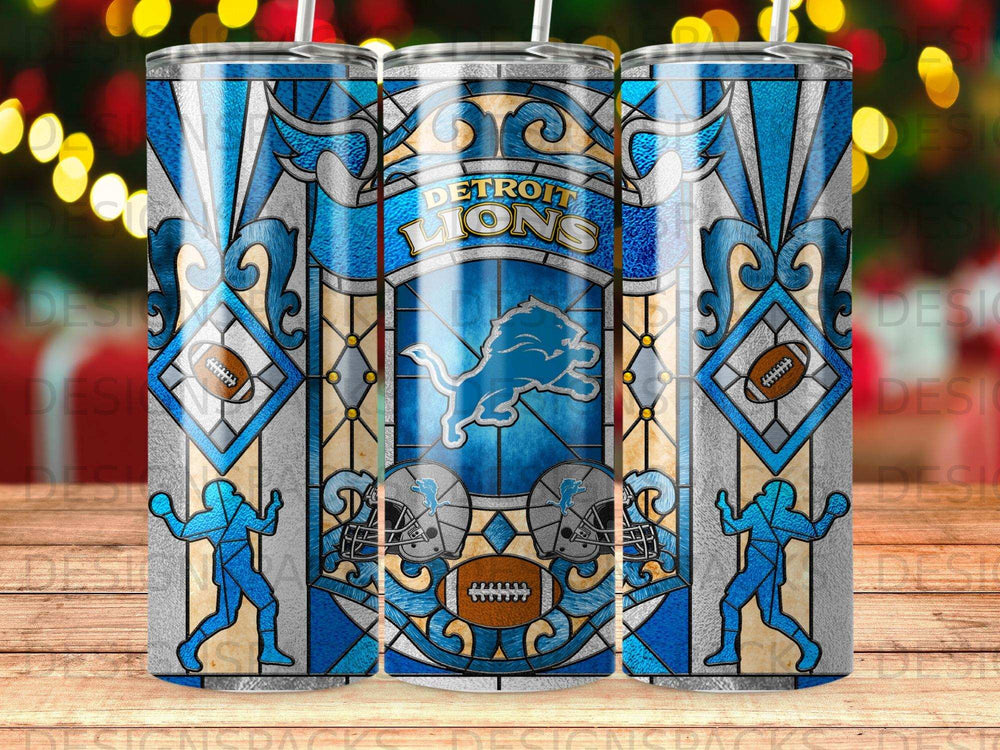 Detroit Lions stained glass design with footballs and helmets.