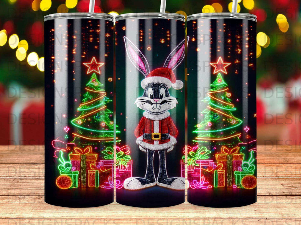 Bugs Bunny in Santa hat with Christmas trees and presents.