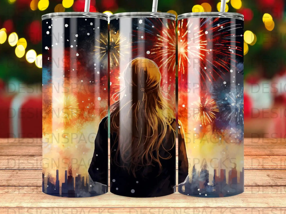 Woman watching fireworks on a tumbler design.