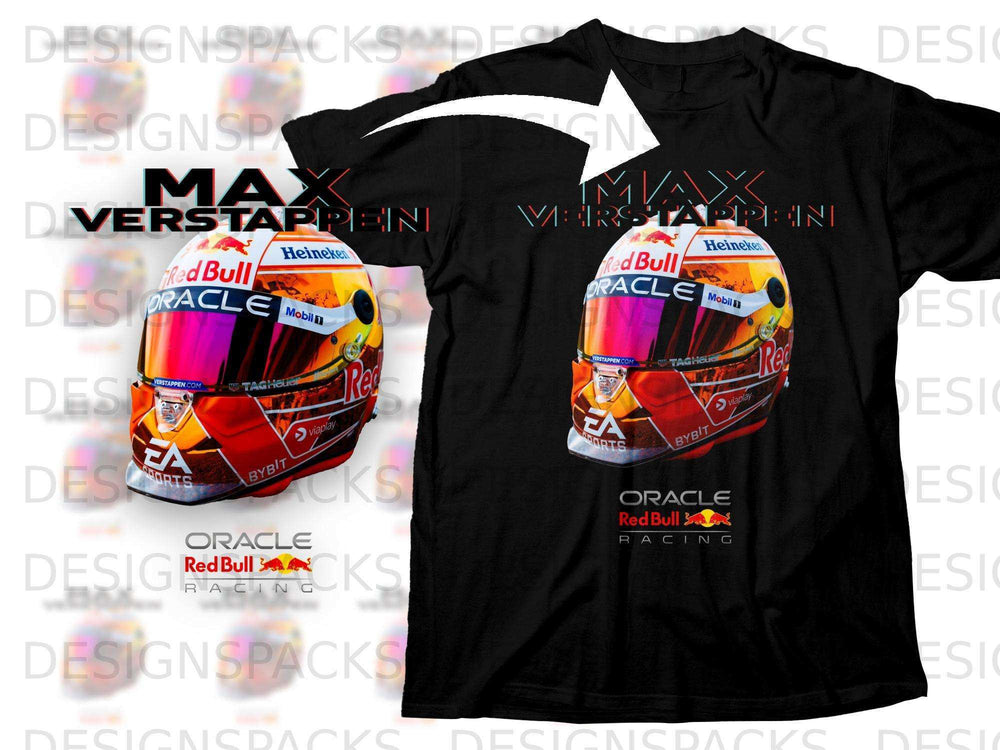 Black t-shirt with Max Verstappen Red Bull Racing design and sponsor logos.