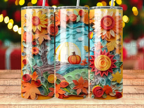 Autumn-themed tumbler with fall leaves, pumpkin, and sun in a rolled paper art style.
