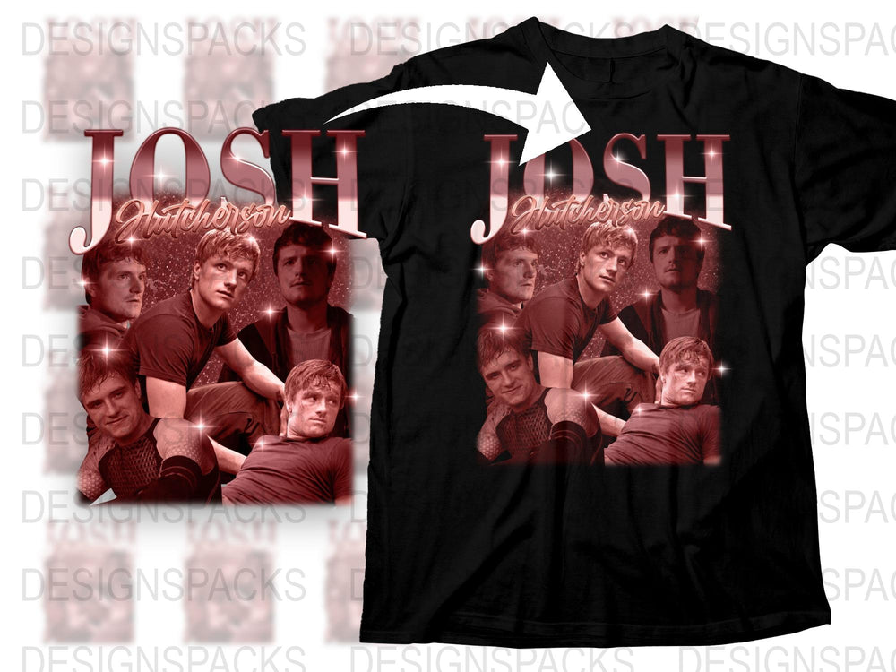 Josh Hutcherson Celebrity Montage T-Shirt, Fan Art Tee, Graphic Black Shirt, Movie Star Apparel