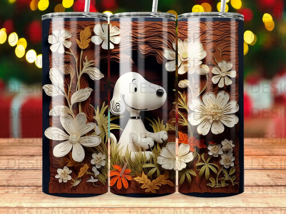 Snoopy dog sitting among floral and wood-grain patterns on a tumbler.