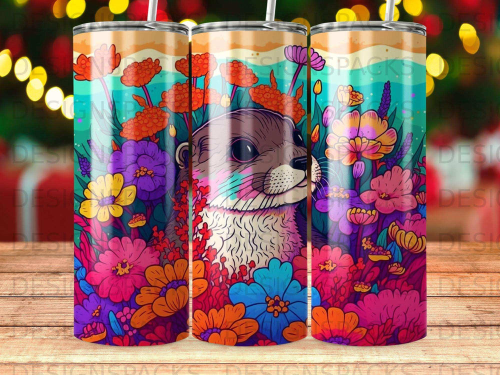 Otter in colorful flowers and foliage, three tumblers arranged side-by-side.