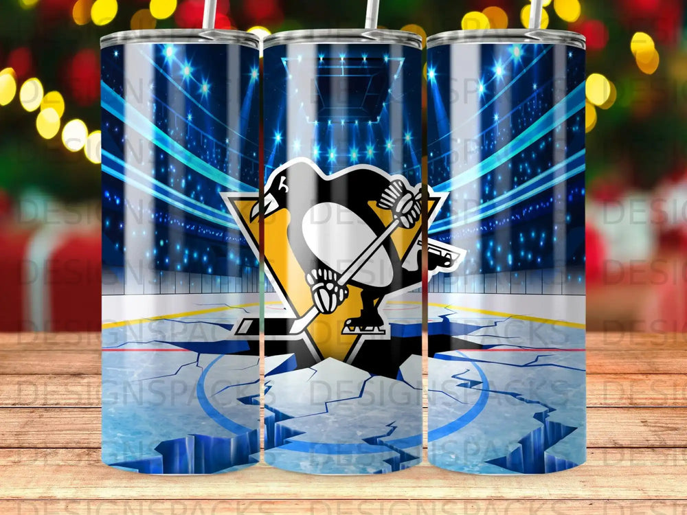 Pittsburgh Penguins logo on a rink with stadium lights.