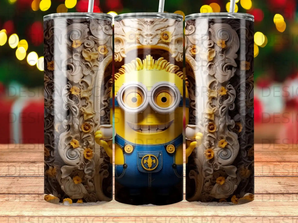 Yellow minion in overalls with large goggles, framed by ornate golden details and small yellow flowers.