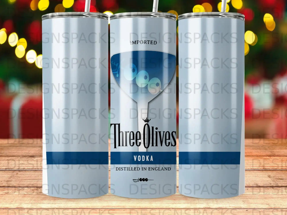 Three Olives Vodka bottle with "Distilled in England" text.