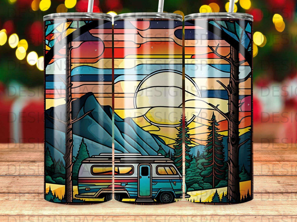 Retro camper van parked in a colorful, stylized mountain landscape.