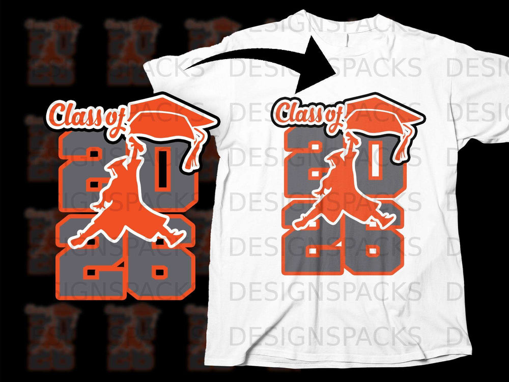 "Class of 2026" graduation design with orange cap and silhouette on a white t-shirt.