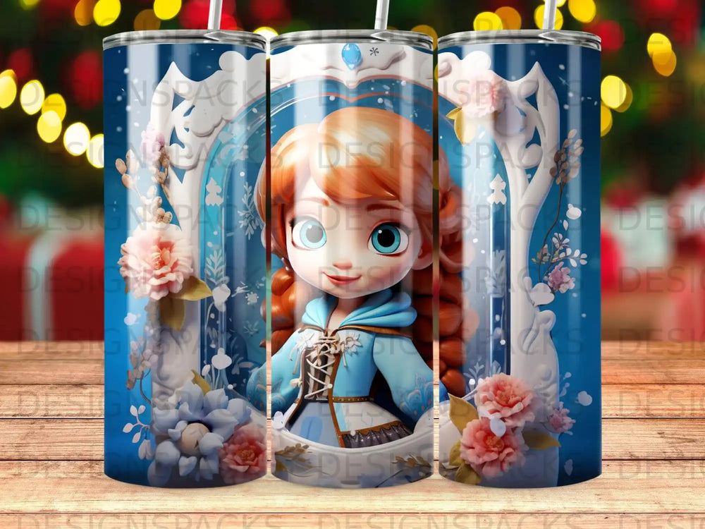 Cartoon girl with red hair in a blue dress, framed by snow-covered ornate winter scene.