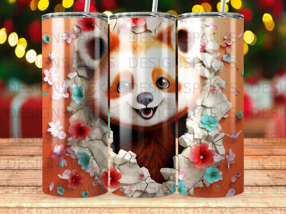 Red panda peering through a cracked wall with floral accents.