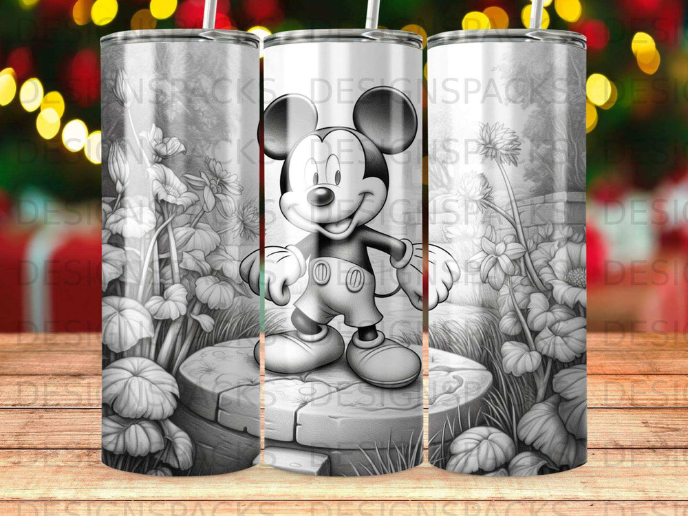 Mickey Mouse standing on a stone pedestal with flowers and foliage.