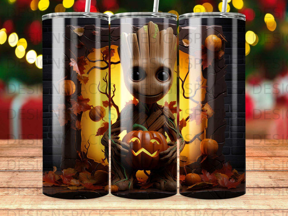 Groot character holding a jack-o'-lantern in a fall forest setting.