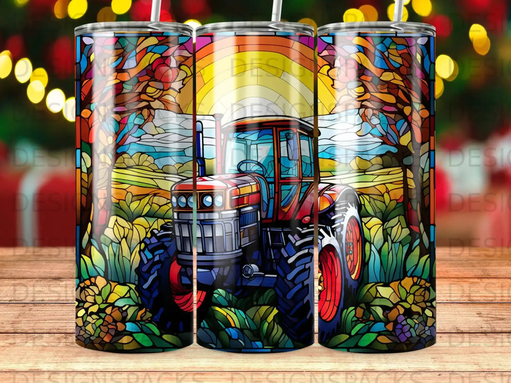 Colorful stained glass tractor in a field under a rainbow and sun.