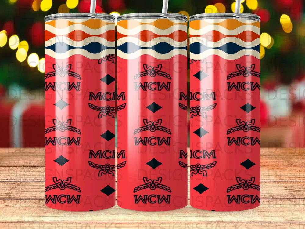 Three tumblers with a repeating MCM logo and colorful wavy stripe pattern.