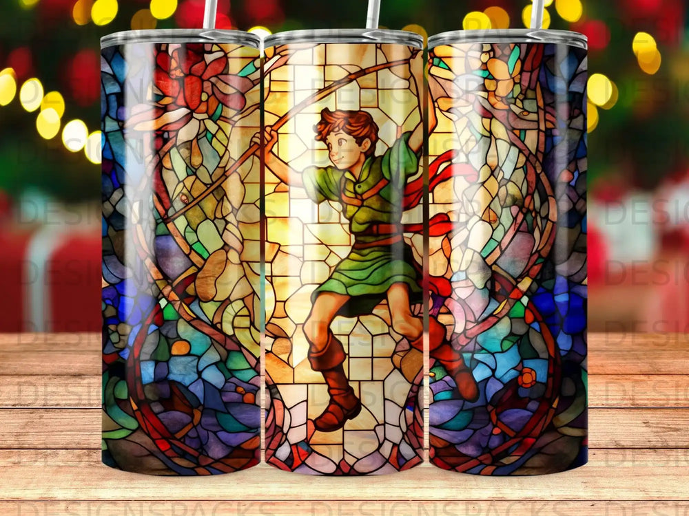 Stained glass tumbler featuring Peter Pan in flight amidst colorful floral patterns.