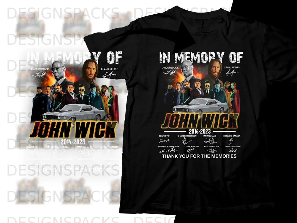 John Wick 2014-2023 memorial t-shirt with cast names and car.