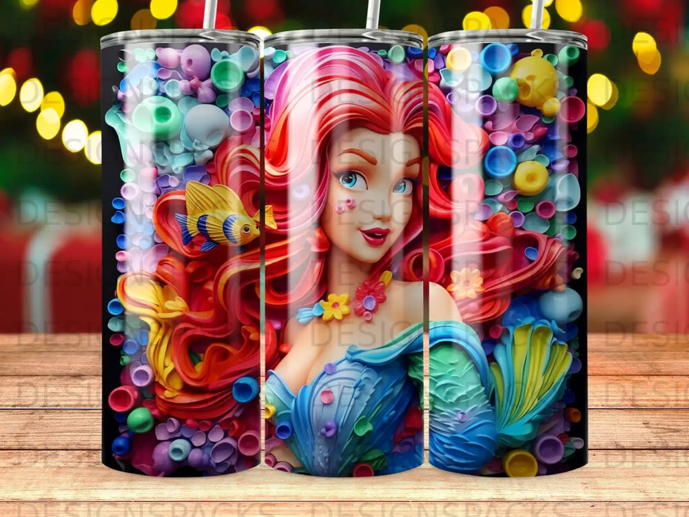 Mermaid with colorful hair surrounded by underwater elements and bubbles.