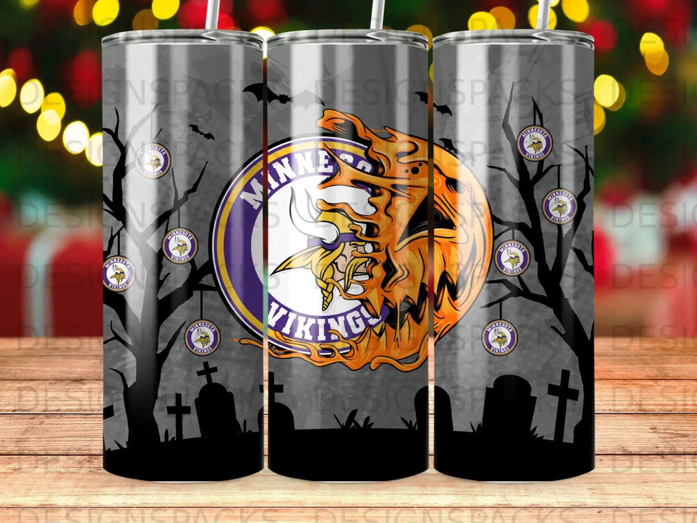 Minnesota Vikings tumbler with Halloween graveyard scene and team logo.