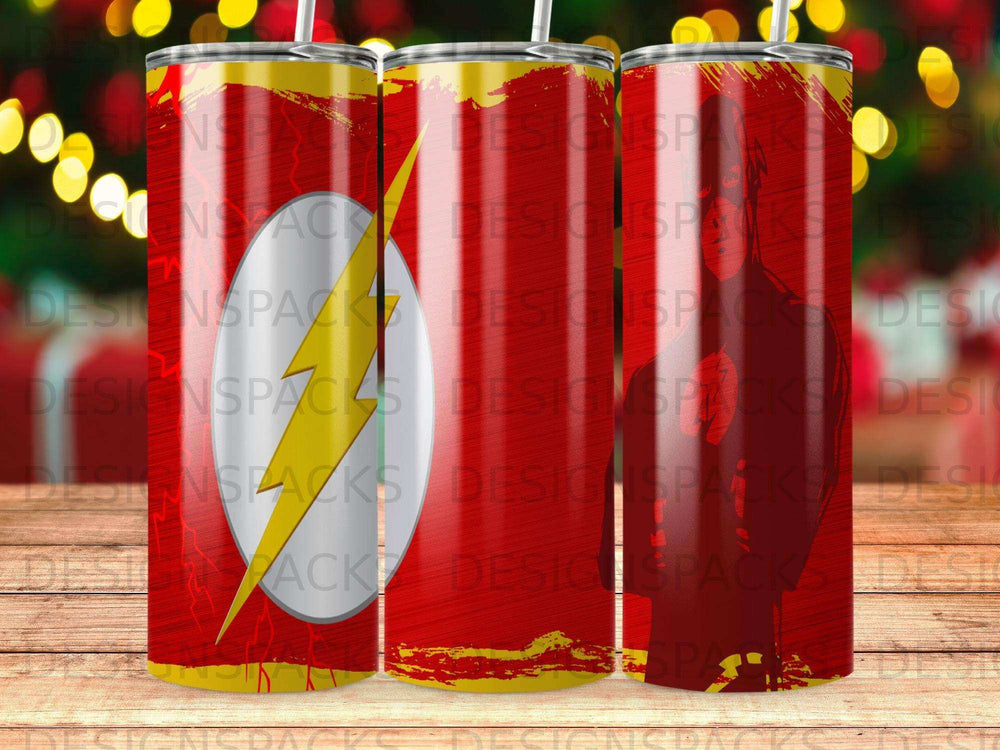 The Flash logo on a red and yellow abstract background.