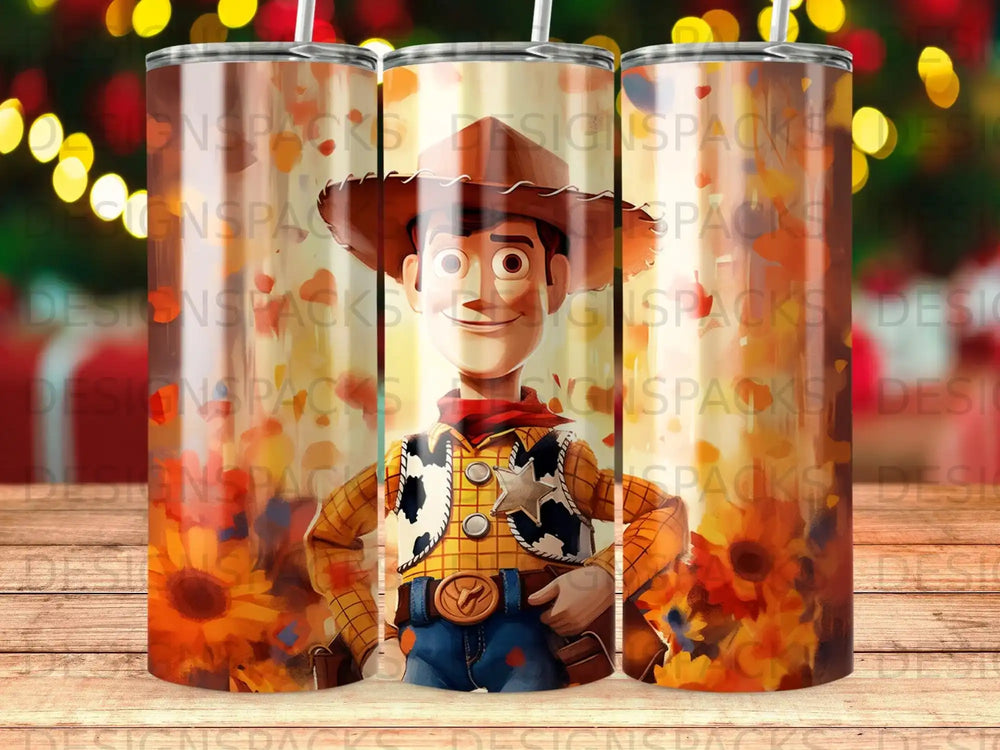 Woody from Toy Story on a tumbler with sunflowers.
