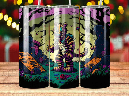 Cartoon tiger with stripes and skull accessories in a spooky forest.