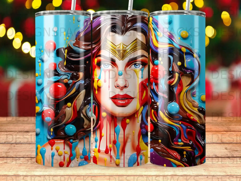 Wonder Woman with colorful paint drips on face and hair.