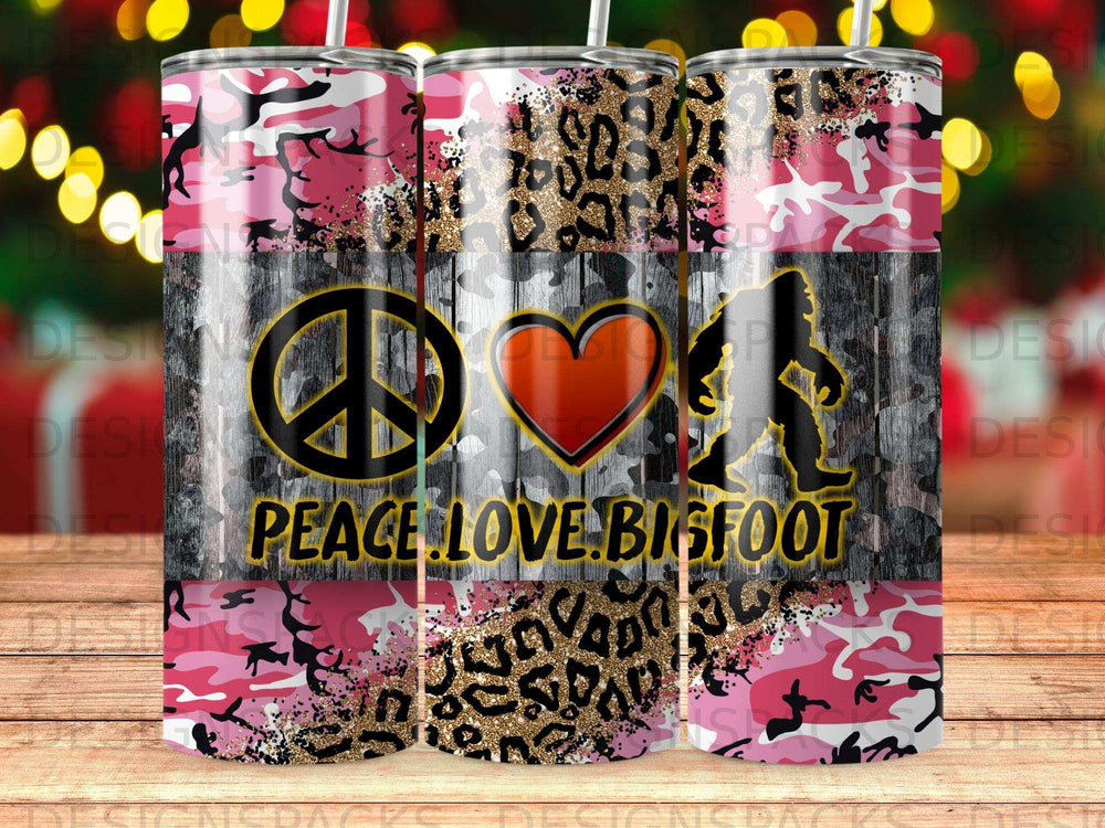 Tumbler with peace, heart, Bigfoot, and "Peace. Love. Bigfoot." text.