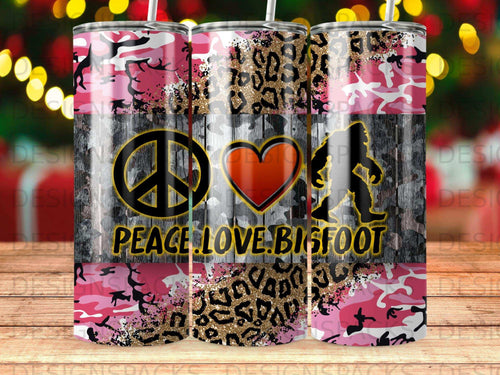 Tumbler with peace, heart, Bigfoot, and 