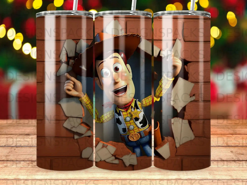Toy Story Woody character breaking through a brick wall design.