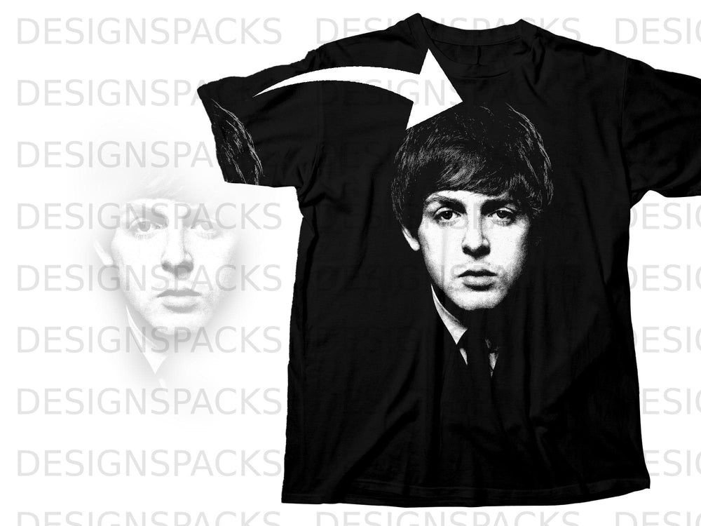 Black t-shirt with a black and white portrait of a young man with dark hair and a suit.