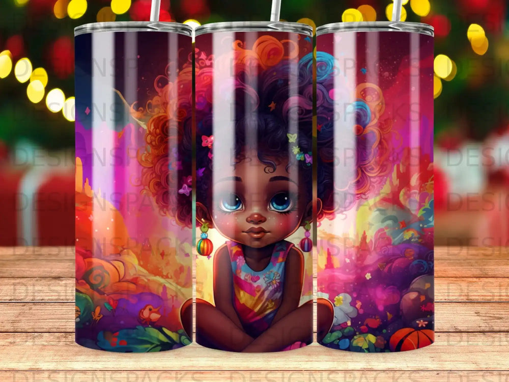 Illustration of a young Black girl with colorful afro and bright eyes.