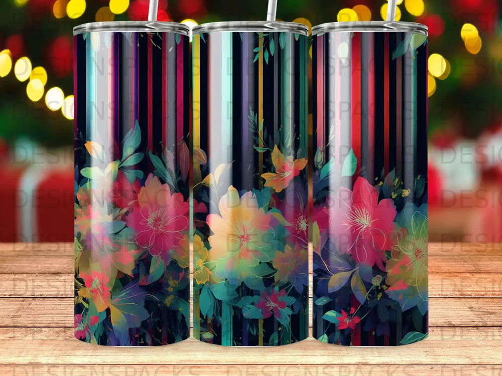 Floral pattern on a tumbler with vertical stripes.