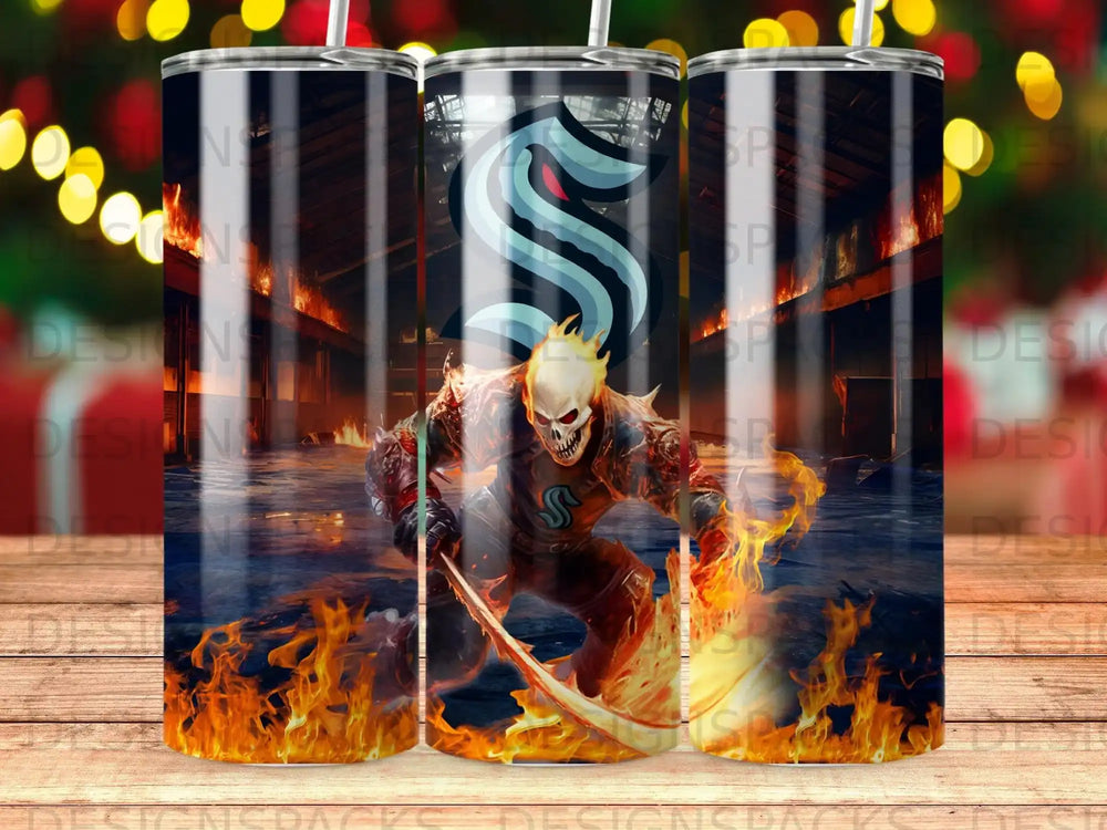 Seattle Kraken hockey team mascot riding a fiery motorcycle.