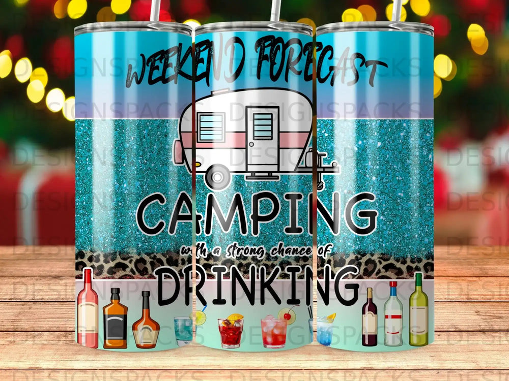 Tumbler with camping and drinking theme, featuring RV and text.