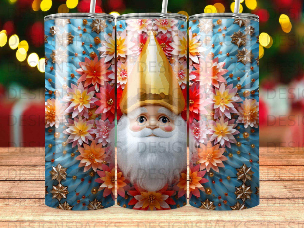 Gnome with red hat, floral pattern, and blue background on tumbler.