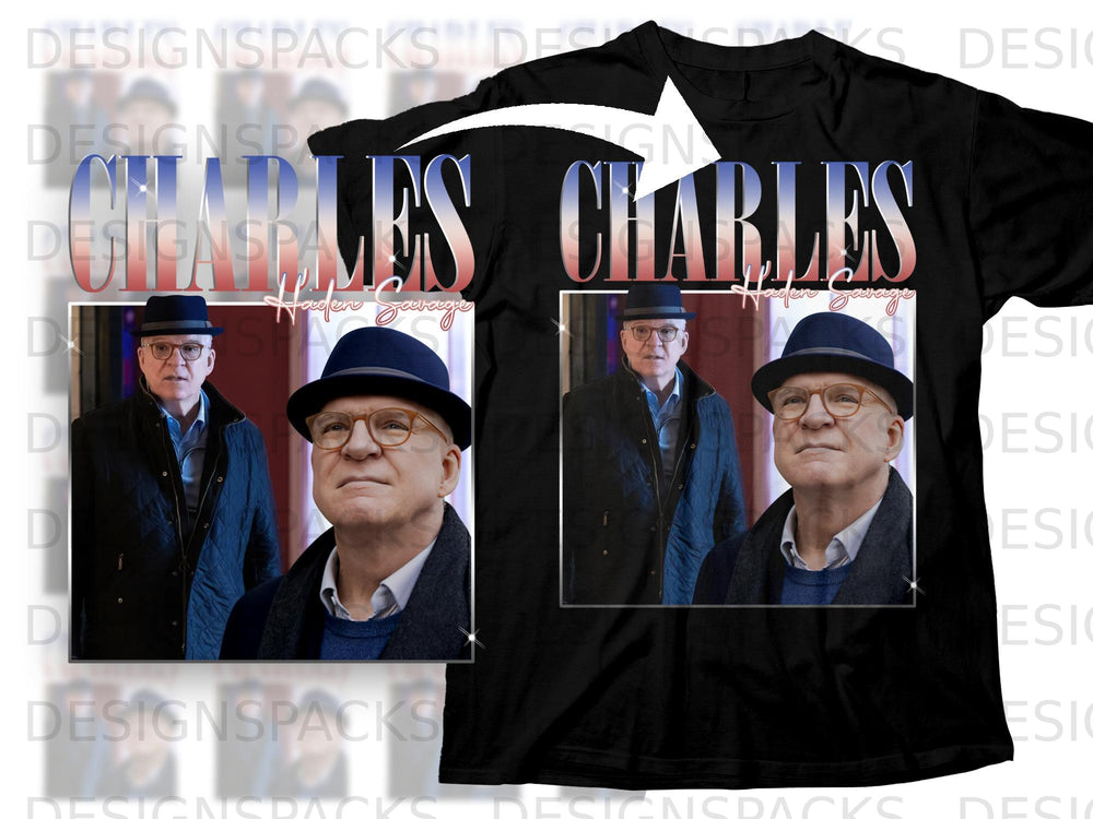 Black t-shirt featuring "CHARLES" graphic and split image of Steve Martin.