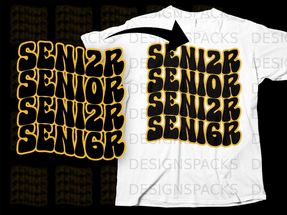 Graphic of black and yellow "SENIOR" text repeated in stacked, wavy lines on a white t-shirt.