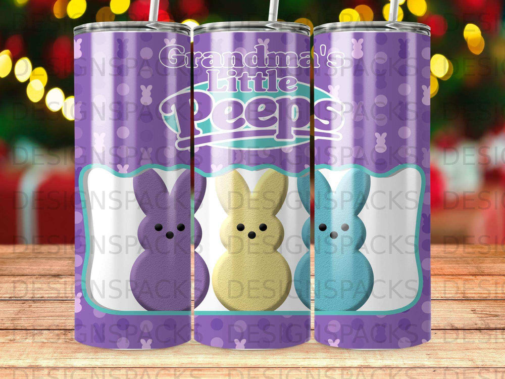 Grandma's Little Peeps tumbler with three colorful chick silhouettes.