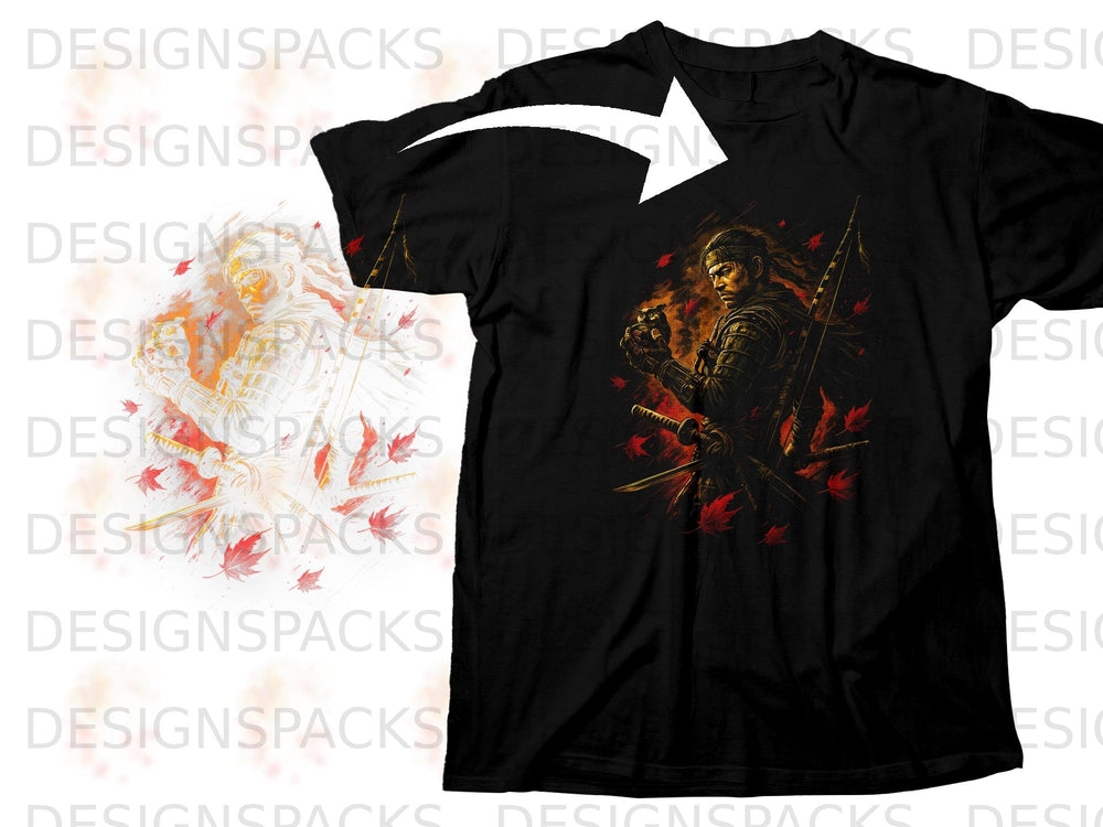Black t-shirt featuring a samurai warrior with a sword and red maple leaves.