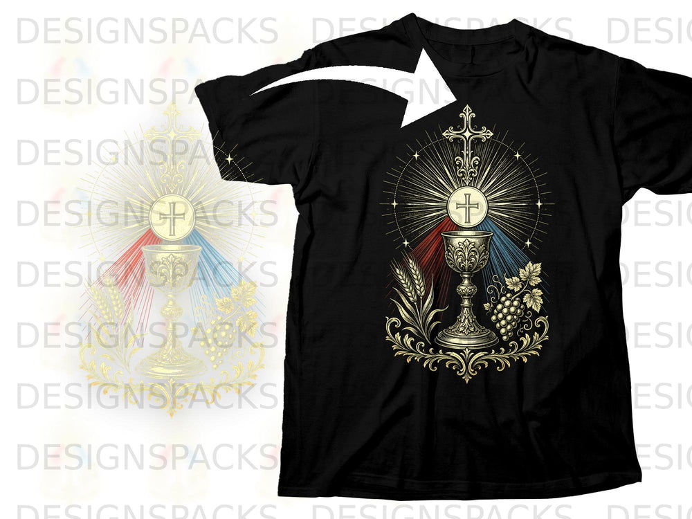 Black t-shirt with ornate gold chalice, cross, and radiating sunburst design.