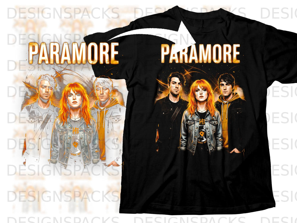 Black t-shirt with Paramore band members and logo artwork.