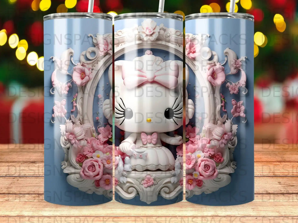 Hello Kitty character in a pink bow and dress, framed by floral elements.